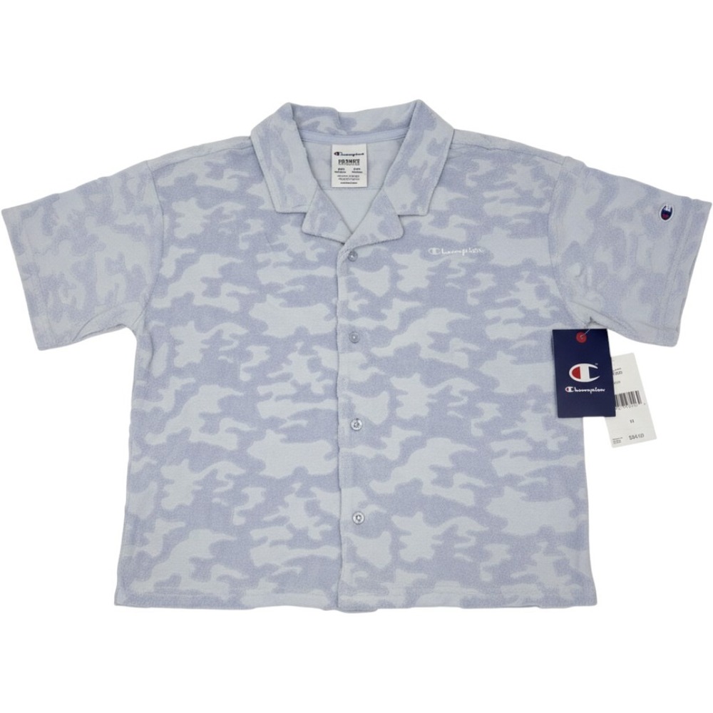 Champion Boys Camo Jacquard Terry Button Down Shirt Light Breeze Blue M 10/12